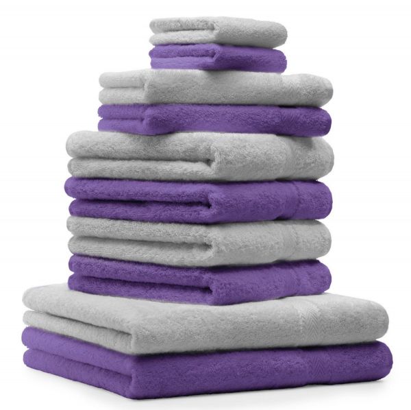 Betz Juego de 10 toallas CLASSIC 100% algodón 2 toallas de baño 4 toallas de lavabo 2 toallas de tocador 2 toallas faciales lila y gris plata