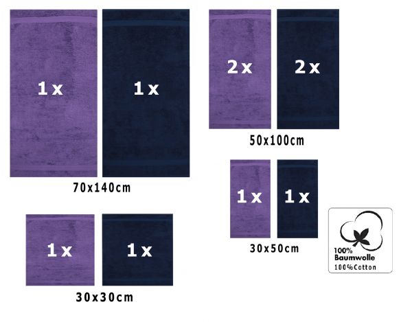 Betz 10-tlg. Handtuch-Set CLASSIC 100% Baumwolle 2 Duschtücher 4 Handtücher 2 Gästetücher 2 Seiftücher Farbe lila und dunkelblau