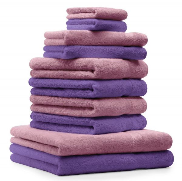 Betz Juego de 10 toallas CLASSIC 100% algodón 2 toallas de baño 4 toallas de lavabo 2 toallas de tocador 2 toallas faciales morado y rosa