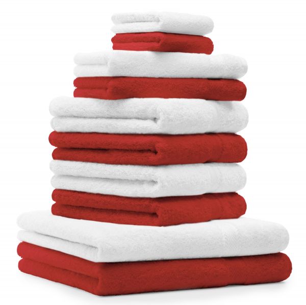Betz Juego de 10 toallas CLASSIC 100% algodón 2 toallas de baño 4 toallas de lavabo 2 toallas de tocador 2 toallas faciales rojo y blanco