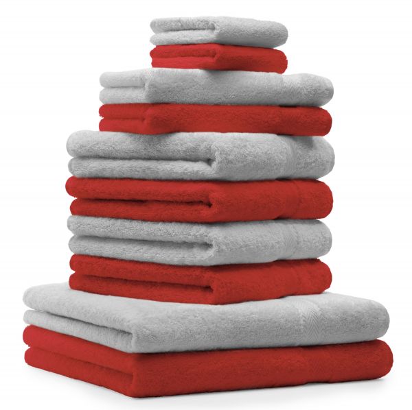 Betz Set di 10 asciugamani Classic-Premium 2 lavette 2 asciugamani per ospiti 4 asciugamani 2 asciugamani da doccia 100 % cotone colore rosso e grigio argento