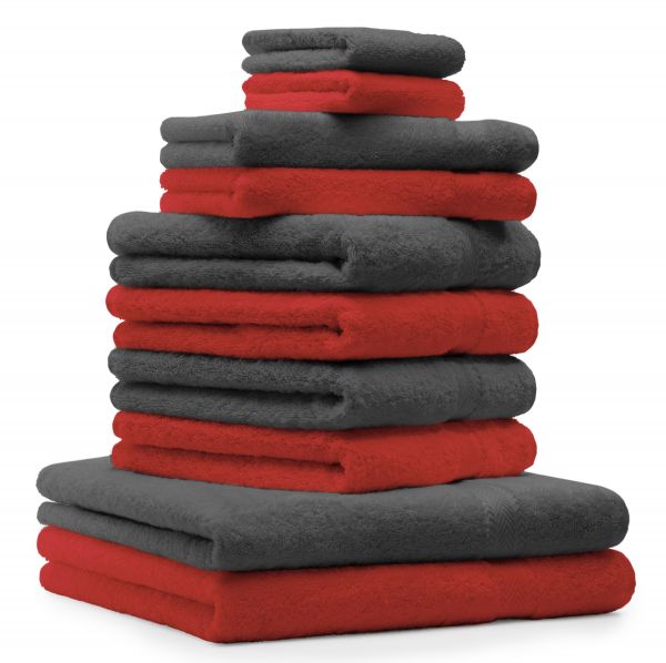 Betz 10 Piece Towel Set CLASSIC 100% Cotton 2 Bath Towels 4 Hand Towels 2 Guest Towels 2 Face Cloths Colour: red & anthracite grey