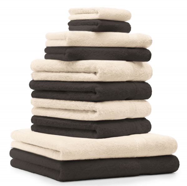 Betz Juego de 10 toallas CLASSIC 100% algodón 2 toallas de baño 4 toallas de lavabo 2 toallas de tocador 2 toallas faciales marrón oscuro y beige