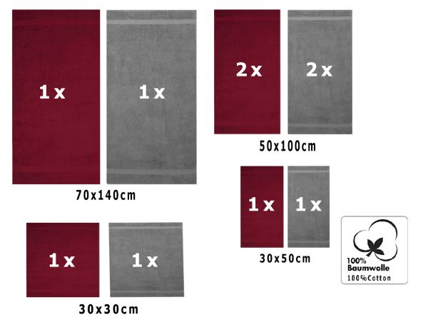 Betz Set di 10 asciugamani Classic-Premium 2 lavette 2 asciugamani per ospiti 4 asciugamani 2 asciugamani da doccia 100 % cotone colore rosso scuro e grigio antracite