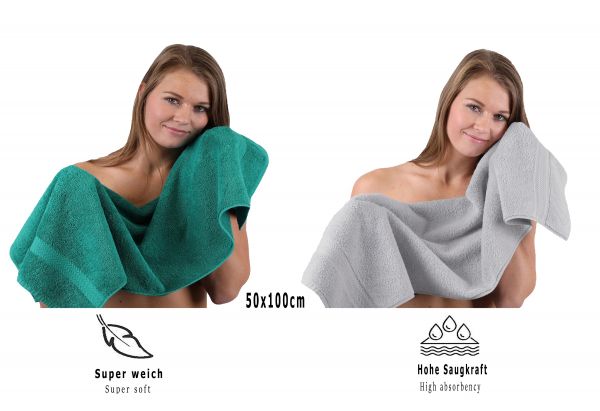 Betz Set di 10 asciugamani Classic-Premium 2 lavette 2 asciugamani per ospiti 4 asciugamani 2 asciugamani da doccia 100 % cotone colore verde smeraldo e grigio argento