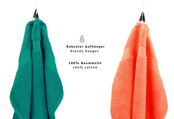 Betz Juego de 10 toallas CLASSIC 100% algodón 2 toallas de baño 4 toallas de lavabo 2 toallas de tocador 2 toallas faciales verde esmeralda y naranja