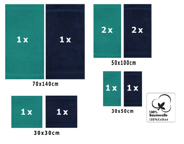 10 uds. Juego de toallas Classic-Premium , color: verde esmeralda y azul marino, 2 toallas de cara 30x30, 2 toallas de invitados 30x50, 4 toallas de 50x100, 2 toallas de baño 70x140 cm, de Betz