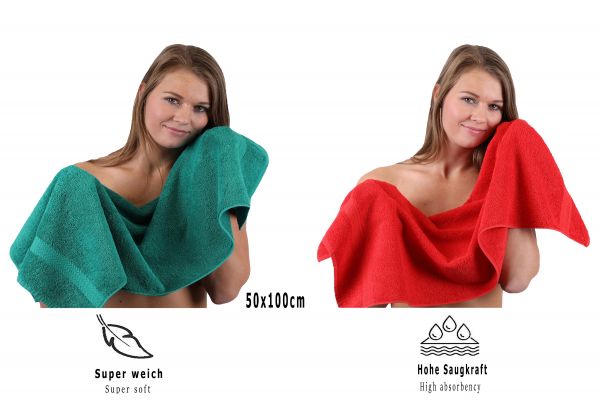 Betz Juego de 10 toallas CLASSIC 100% algodón 2 toallas de baño 4 toallas de lavabo 2 toallas de tocador 2 toallas faciales verde esmeralda y rojo