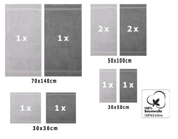 10 uds. Juego de toallas "Classic" – Premium , color:  gris antracita y gris plata , 2 toallas cara 30x30, 2 toallas de invitados 30x50, 4 toallas de 50x100, 2 toallas de baño 70x140 cm