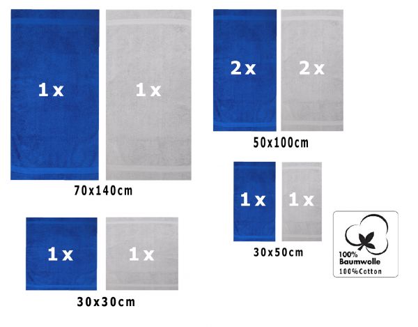 Lot de 10 serviettes "Classic" - Premium, 2 débarbouillettes, 2 serviettes d'invité, 4 serviettes de toilette, 2 serviettes de bain, Couleur: bleu royal et gris argenté