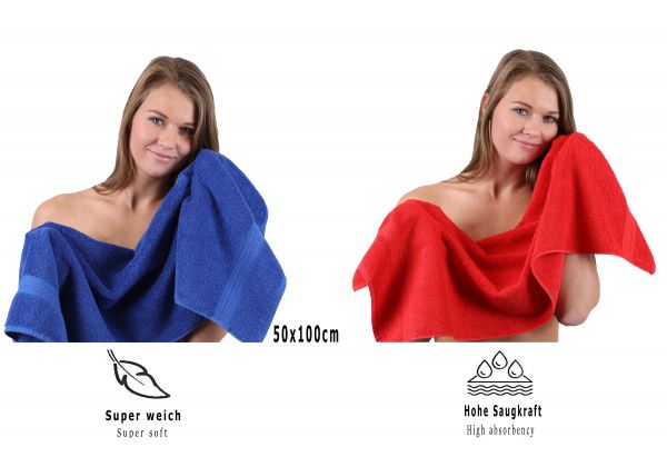 10 uds. Juego de toallas "Classic" – Premium , color:  azul y rojo , 2 toallas cara 30x30, 2 toallas de invitados 30x50, 4 toallas de 50x100, 2 toallas de baño 70x140 cm