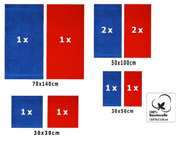 10 uds. Juego de toallas "Classic" – Premium , color:  azul y rojo , 2 toallas cara 30x30, 2 toallas de invitados 30x50, 4 toallas de 50x100, 2 toallas de baño 70x140 cm