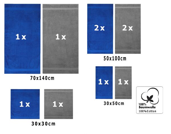 10 uds. Juego de toallas CLASSIC-PREMIUM, color: azul y gris antracita, 2 toallas cara 30x30, 2 toallas de invitados 30x50, 4 toallas de 50x100, 2 toallas de baño 70x140 cm