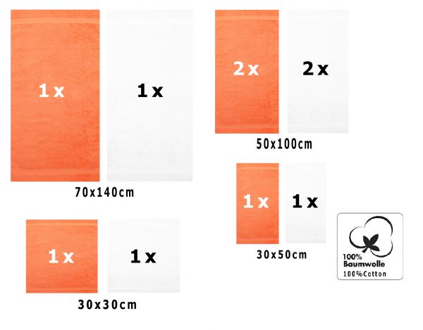 10 uds. Juego de toallas Classic-Premium , color:  naranja y blanco , 2 toallas cara 30x30, 2 toallas de invitados 30x50, 4 toallas de 50x100, 2 toallas de baño 70x140 cm
