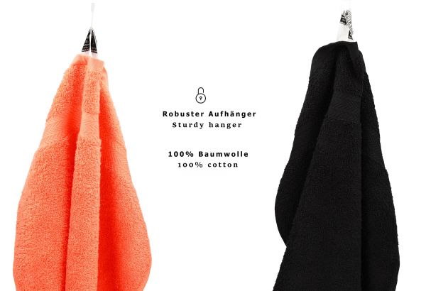 10 uds. Juego de toallas "Classic" – Premium , color:  naranja  y negro , 2 toallas cara 30x30, 2 toallas de invitados 30x50, 4 toallas de 50x100, 2 toallas de baño 70x140 cm