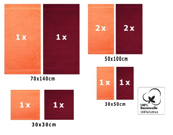 10 uds. Juego de toallas "Classic" – Premium , color: naranja  y rojo oscuro , 2 toallas cara 30x30, 2 toallas de invitados 30x50, 4 toallas de 50x100, 2 toallas de baño 70x140 cm