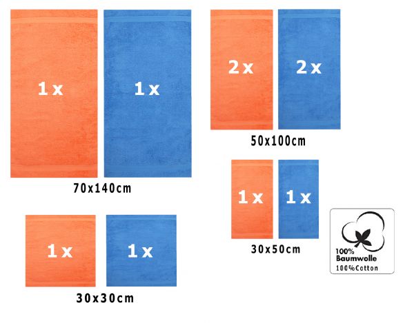 Betz 10-tlg. Handtuch-Set CLASSIC 100%Baumwolle 2 Duschtücher 4 Handtücher 2 Gästetücher 2 Seiftücher Farbe orange und hellblau