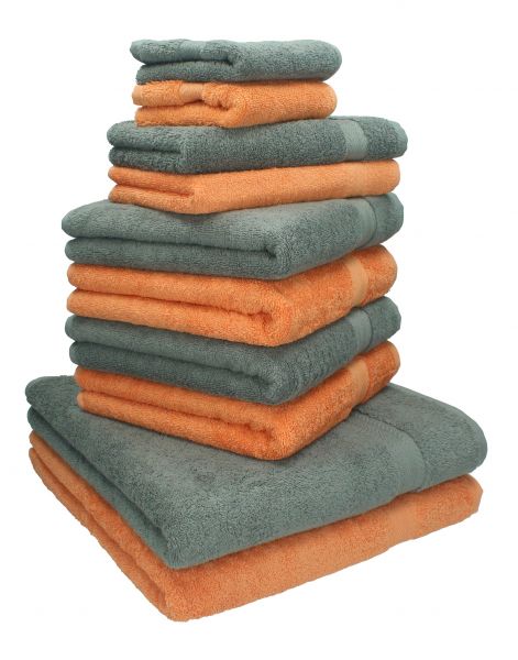 10 uds. Juego de toallas CLASSIC-PREMIUM, color: naranja y gris antracita, 2 toallas cara 30x30, 2 toallas de invitados 30x50, 4 toallas de 50x100, 2 toallas de baño 70x140 cm