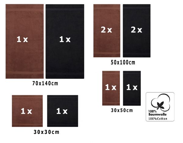 10 uds. Juego de toallas "Classic" – Premium , color: nuez y negro , 2 toallas cara 30x30, 2 toallas de invitados 30x50, 4 toallas de 50x100, 2 toallas de baño 70x140 cm