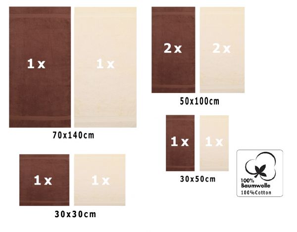 10 uds. Juego de toallas "Classic" – Premium , color: nuez y beige, 2 toallas cara 30x30, 2 toallas de invitados 30x50, 4 toallas de 50x100, 2 toallas de baño 70x140 cm