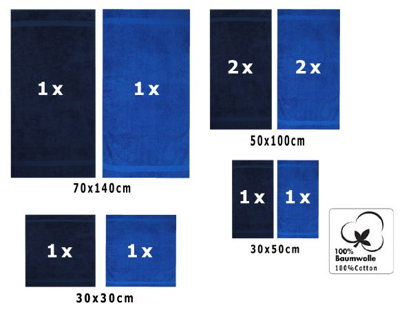 10 uds. Juego de toallas "Classic" – Premium , color: azul marino y azul , 2 toallas cara 30x30, 2 toallas de invitados 30x50, 4 toallas de 50x100, 2 toallas de baño 70x140 cm