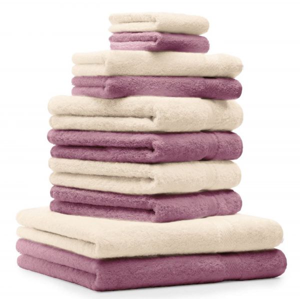 Juego de toallas PREMIUM, 10 piezas, color: rosa y beige - 2 manoplas de baño, 2 toallas para invitados, 4 toallas de mano, 2 toallas de baño