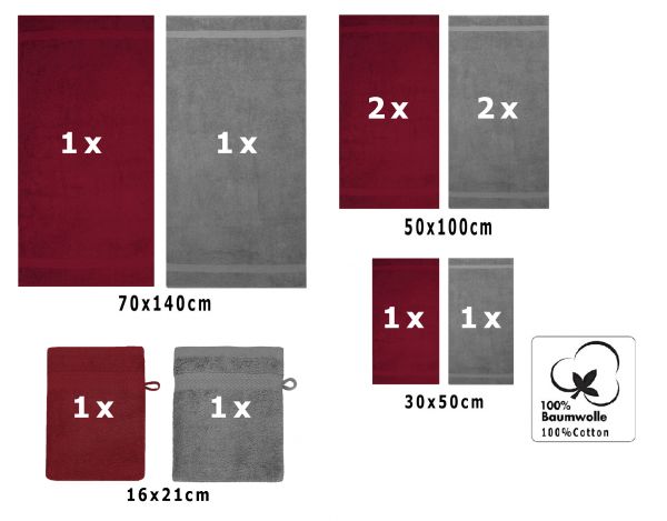 Juego de toalla "PREMIUM" de diez piezas, color: rojo oscuro y gris antracita, calidad 470g/m², 2 toallas de baño (70x140cm), 4 toallas (50x100cm), 2 toallas de visitas (30x50cm), 2 manoplas de baño (17x21cm)