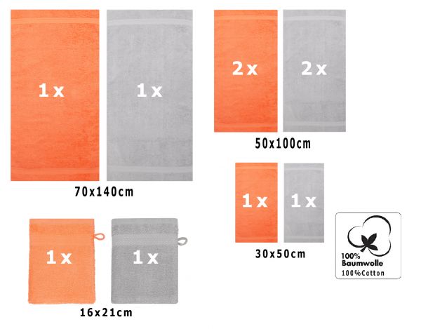 Betz 10-tlg. Handtuch-Set PREMIUM 100%Baumwolle 2 Duschtücher 4 Handtücher 2 Gästetücher 2 Waschhandschuhe Farbe Orange Terra & Silber Grau