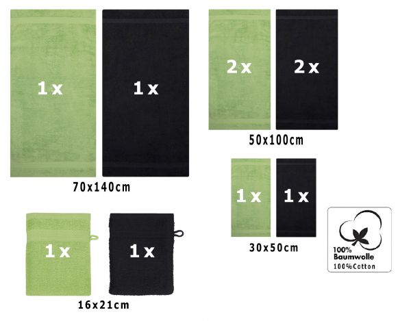 Juego de toalla PREMIUM de diez piezas, color: verde manzana y negro, calidad 470g/m², 2 toallas de baño (70x140cm), 4 toallas (50x100cm), 2 toallas de visitas (30x50cm), 2 manoplas de baño (17x21cm)