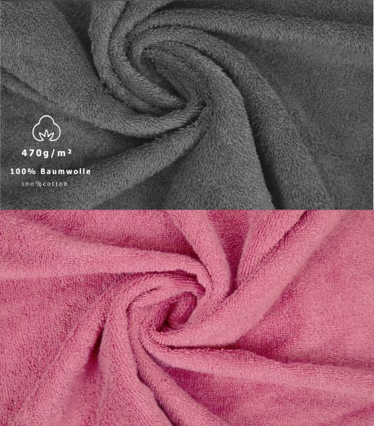 Juego de toalla "PREMIUM" de diez piezas, color: rosa y gris antracita, calidad 470g/m², 2 toallas de baño (70x140cm), 4 toallas (50x100cm), 2 toallas de visitas (30x50cm), 2 manoplas de baño (17x21cm)
