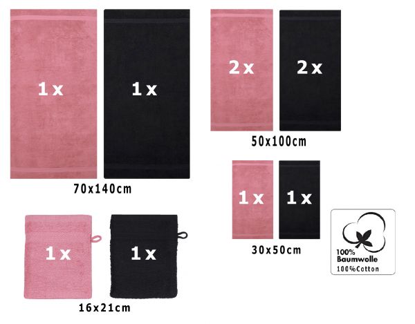 Juego de toalla "PREMIUM" de diez piezas, color: rosa y negro, calidad 470g/m², 2 toallas de baño (70x140cm), 4 toallas (50x100cm), 2 toallas de visitas (30x50cm), 2 manoplas de baño (17x21cm)