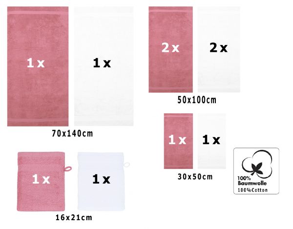 Juego de toalla "PREMIUM" de diez piezas, color: rosa y blanco, calidad 470g/m², 2 toallas de baño (70x140cm), 4 toallas (50x100cm), 2 toallas de visitas (30x50cm), 2 manoplas de baño (17x21cm)