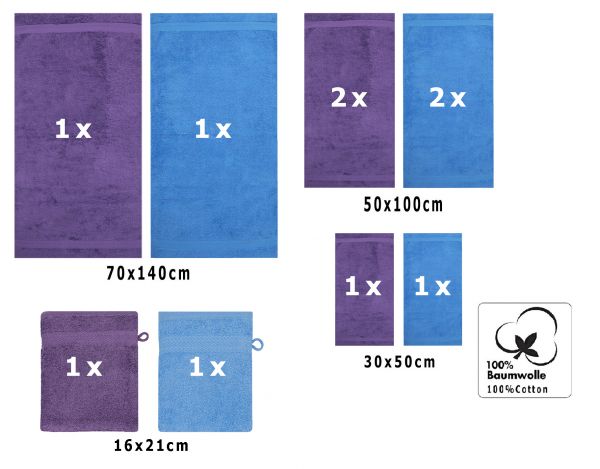 Lot de 10 serviettes Premium bleu clair et violet, 2 serviettes de bain, 4 serviettes de toilette, 2 serviettes d'invité et 2 gants de toilette de Betz