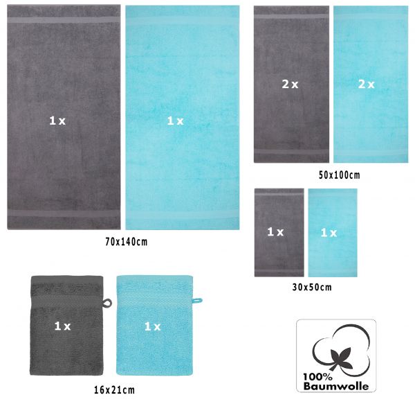 Juego de toalla "PREMIUM" de diez piezas, color: turquesa y gris antracita, calidad 470g/m², 2 toallas de baño (70x140cm), 4 toallas (50x100cm), 2 toallas de visitas (30x50cm), 2 manoplas de baño (17x21cm)