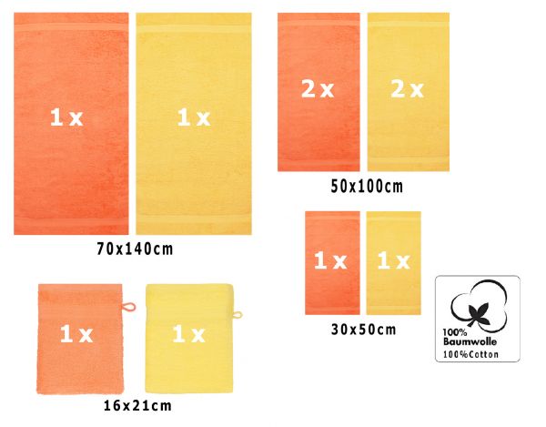 10-Pcs. Juego toallas "Premium", de color melocoton (peach) y amarillo ,2 toallas de baño , 4 toallas de mano , 2 toallas de invitados, 2 manoplas