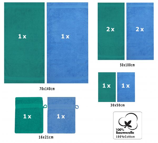 Betz 10 Piece Towel Set PREMIUM 100% Cotton 2 Wash Mitts 2 Guest Towels 4 Hand Towels 2 Bath Towels Colour: emerald green & light blue