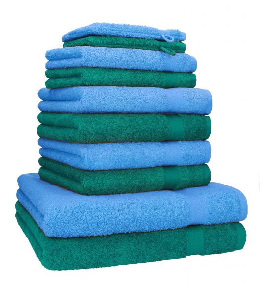 Betz 10 Piece Towel Set PREMIUM 100% Cotton 2 Wash Mitts 2 Guest Towels 4 Hand Towels 2 Bath Towels Colour: emerald green & light blue