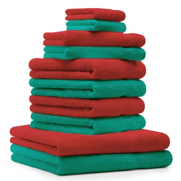 Betz 10 Piece Towel Set PREMIUM 100% Cotton 2 Wash Mitts 2 Guest Towels 4 Hand Towels 2 Bath Towels Colour: emerald green & red