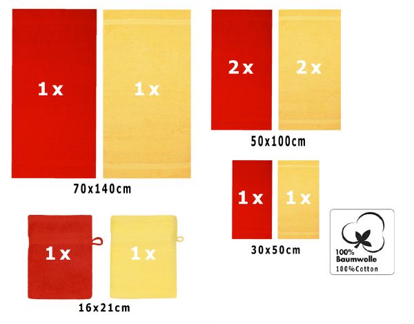 10-Pcs. Juego toallas "Premium", de color rojo y amarillo ,2 toallas de baño , 4 toallas de mano , 2 toallas de invitados, 2 manoplas