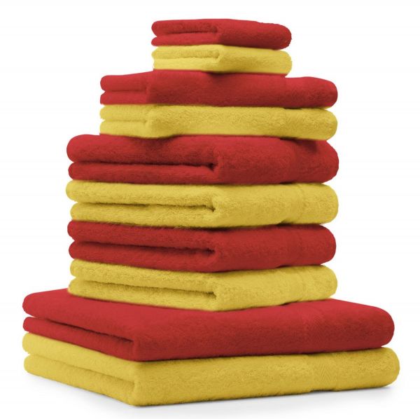 10-Pcs. Juego toallas "Premium", de color rojo y amarillo ,2 toallas de baño , 4 toallas de mano , 2 toallas de invitados, 2 manoplas