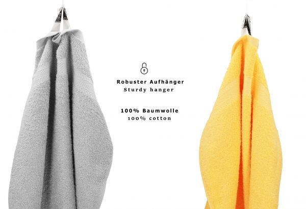 Betz 10 Piece Towel Set PREMIUM 100% Cotton 2 Wash Mitts 2 Guest Towels 4 Hand Towels 2 Bath Towels Colour: yellow & silver grey