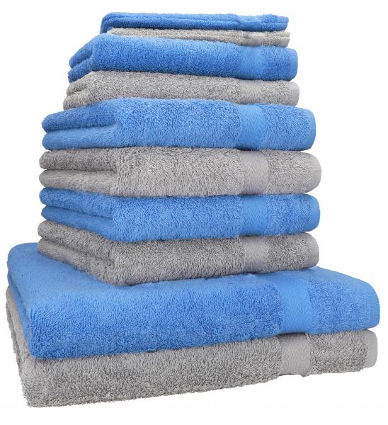 Betz Juego de 10 toallas PREMIUM 100% algodón de color azul claro y gris plata