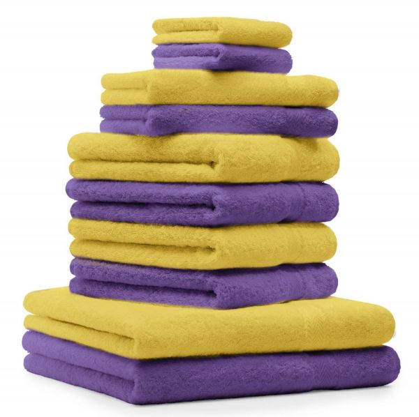 Betz 10 Piece Towel Set PREMIUM 100% Cotton 2 Wash Mitts 2 Guest Towels 4 Hand Towels 2 Bath Towels Colour: yellow & purple