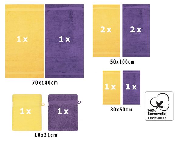 Betz 10 Piece Towel Set PREMIUM 100% Cotton 2 Wash Mitts 2 Guest Towels 4 Hand Towels 2 Bath Towels Colour: yellow & purple