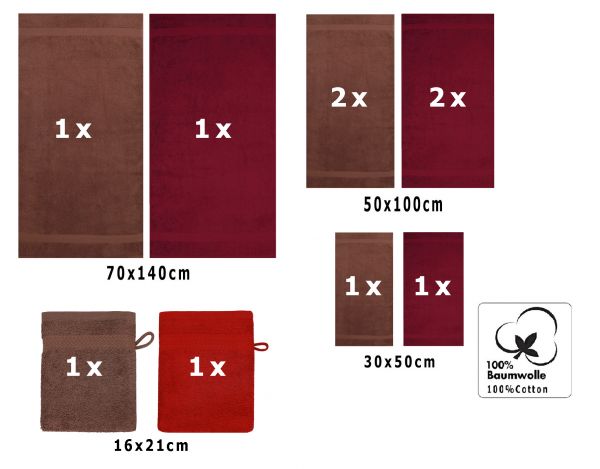 Betz 10 Piece Towel Set PREMIUM 100% Cotton 2 Wash Mitts 2 Guest Towels 4 Hand Towels 2 Bath Towels Colour: hazel & dark red