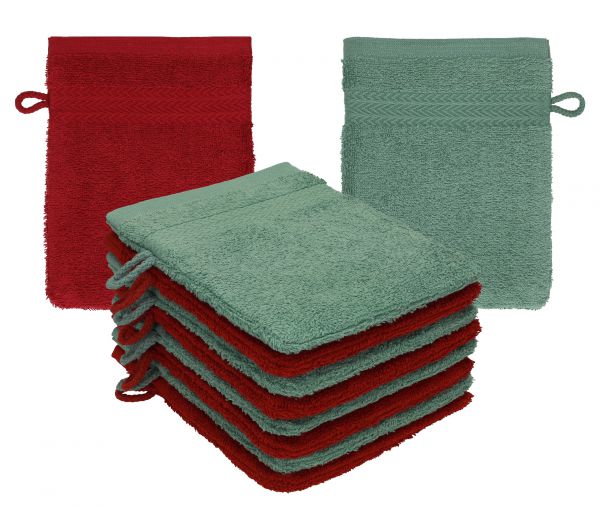 Betz 10 Stück Waschhandschuhe PREMIUM 100% Baumwolle Waschlappen Set 16x21 cm Farbe rubinrot - tannengrün