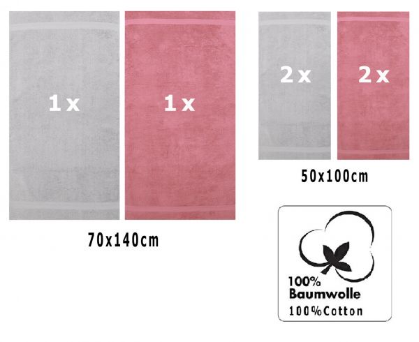 Betz 6-tlg. Handtuch-Set PREMIUM 100%Baumwolle 2 Duschtücher 4 Handtücher Farbe silbergrau und altrosa