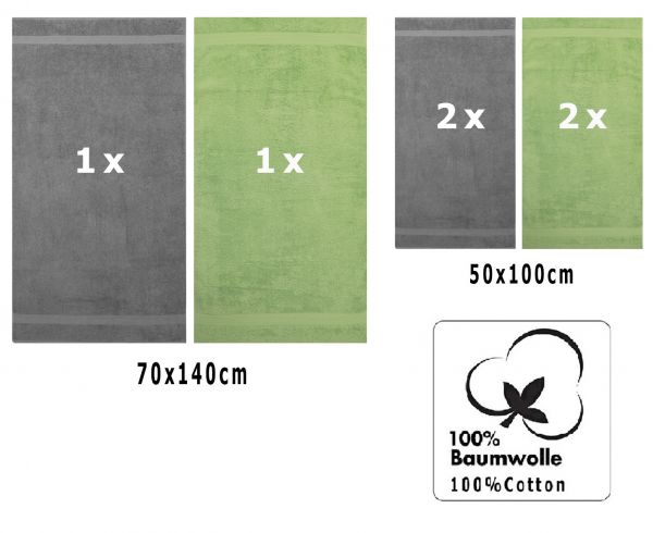 Juego de toalla "PREMIUM" de seis piezas, color gris antracita y verde manzana, calidad 470g/m², 2 toallas de baño (70x140cm), 4 toallas (50x100cm)