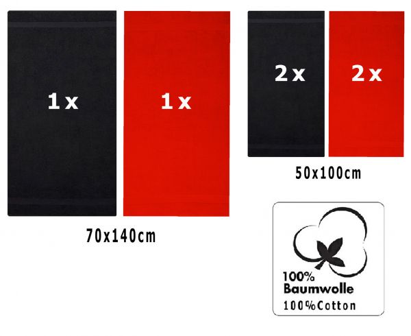 Juego de toalla "PREMIUM" de seis piezas, color rojo y negro, calidad 470g/m², 2 toallas de baño (70x140cm), 4 toallas (50x100cm)