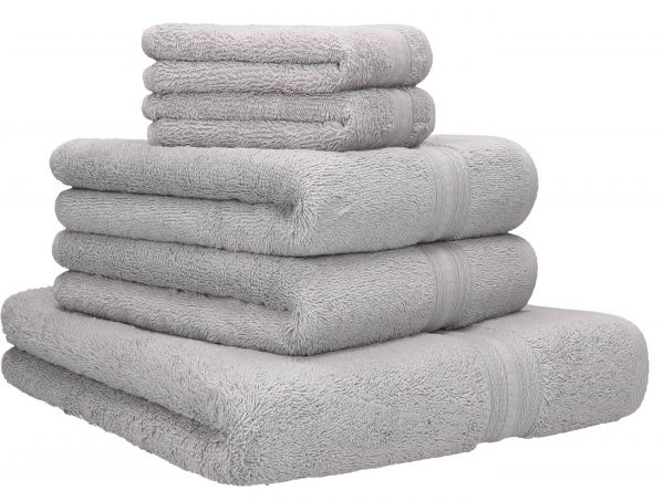 Set di 5 asciugamani della serie GOLD: 1 asciugamano da doccia 70 x 140 cm, 2 asciugamani 50 x 100 cm, 2 lavette 30 x 30 cm, colore: grigio argento, qualità: 600 g/m²